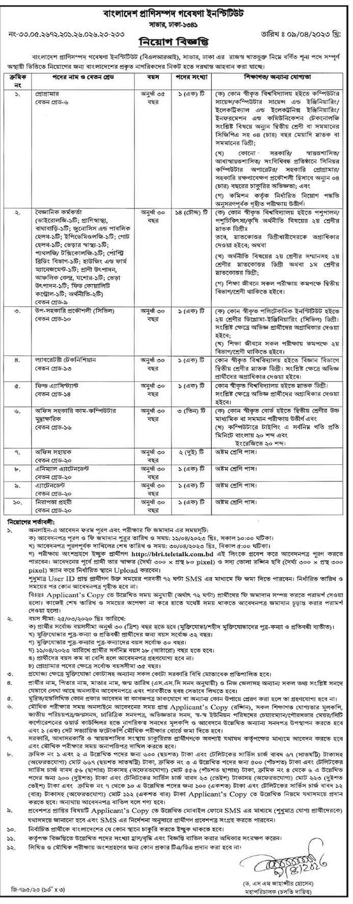 Bangladesh Livestock Research Institute Job Circular